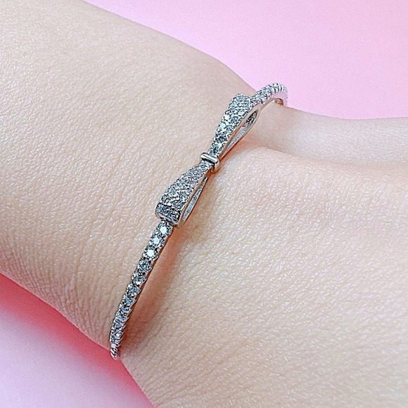 Silver Bracelet, Bow Tie Bracelet, Bowknot Bracelet, Cubic Zirconia, Anniversary - Picture 1 of 16